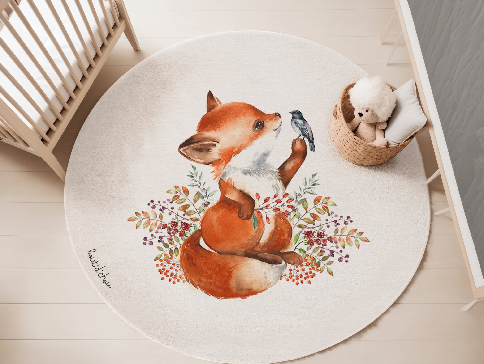 Tapis Rond chambre de bébé poil Long/dense | Renard et oiseau