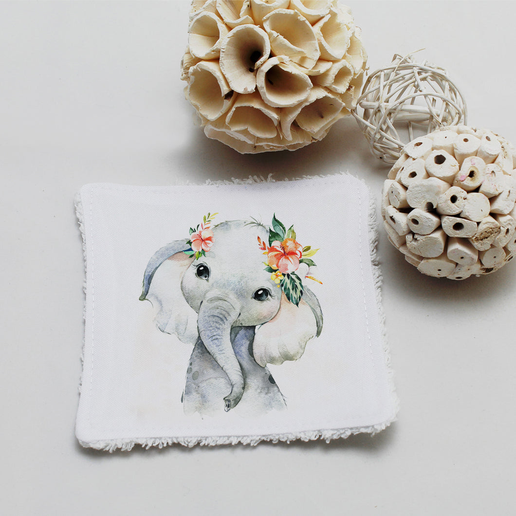 Lingette lavable oekotex, illustration éléphant avec fleurs | Bout'D'Chou