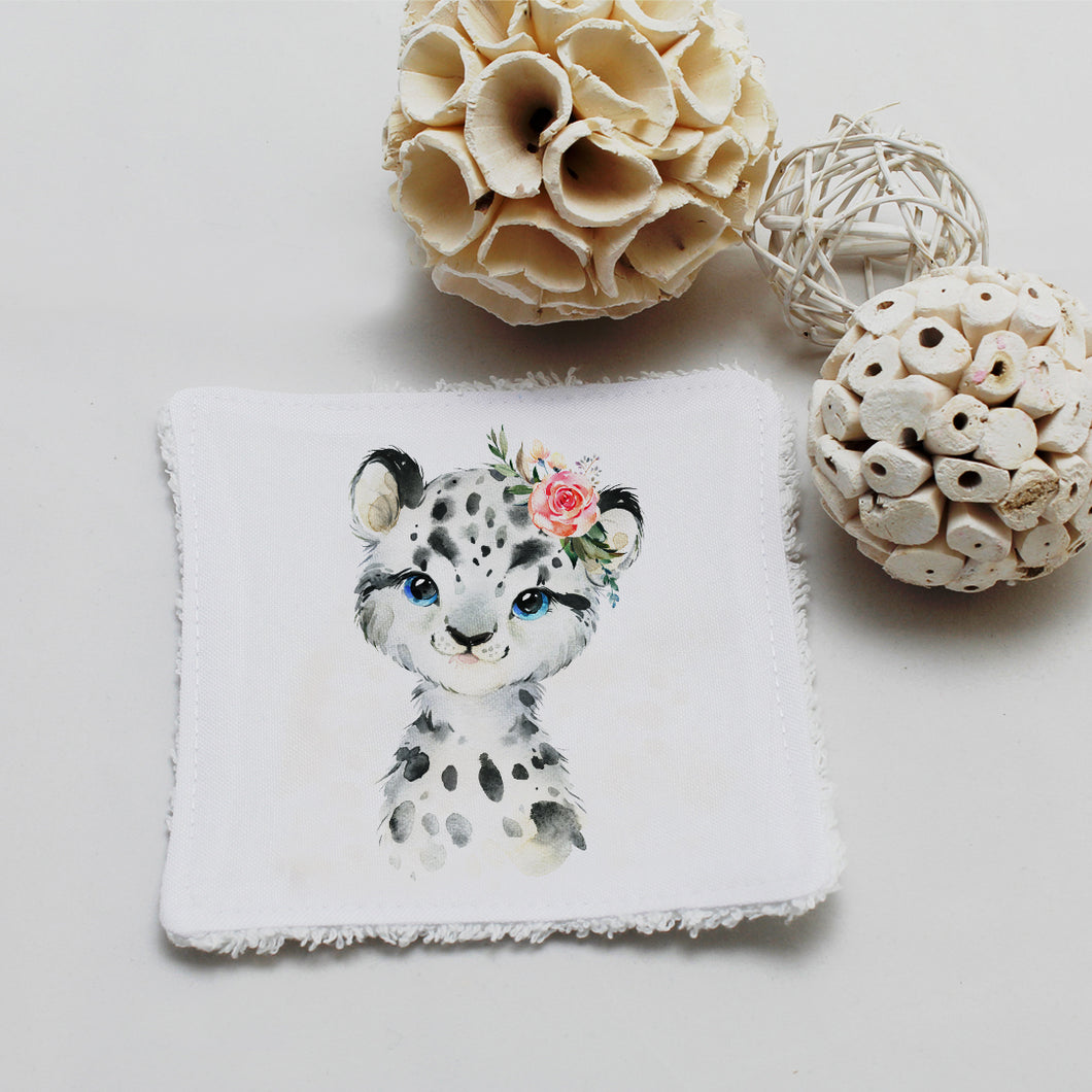 Lingette lavable oekotex, illustration leopard blanc avec fleurs | Bout'D'Chou