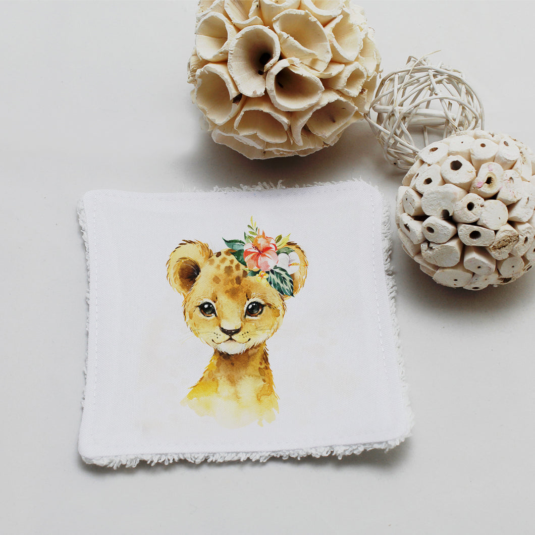 Lingette lavable oekotex, illustration lion avec fleurs | Bout'D'Chou