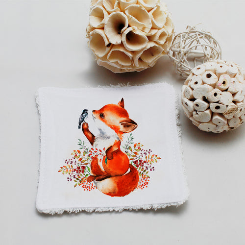 Lingette lavable oekotex, illustration renard et oiseau | Bout'D'Chou